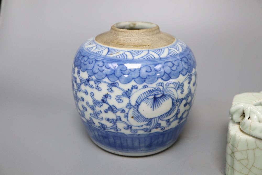 A Chinese blue and white jar, a crackleglazed dragon brush washer and an enamelled dish